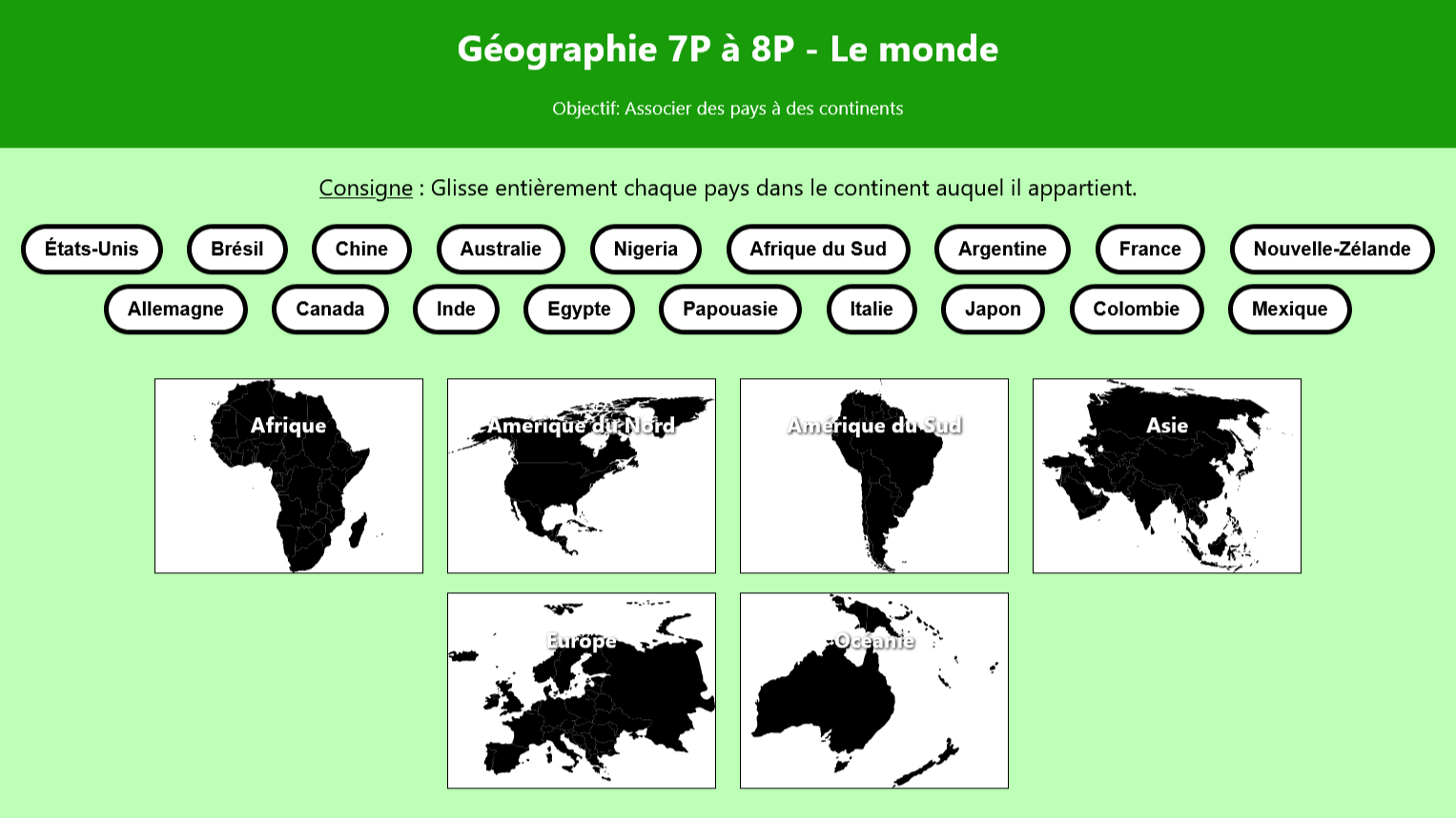 Application en géographie sur les pays et continents (2024)